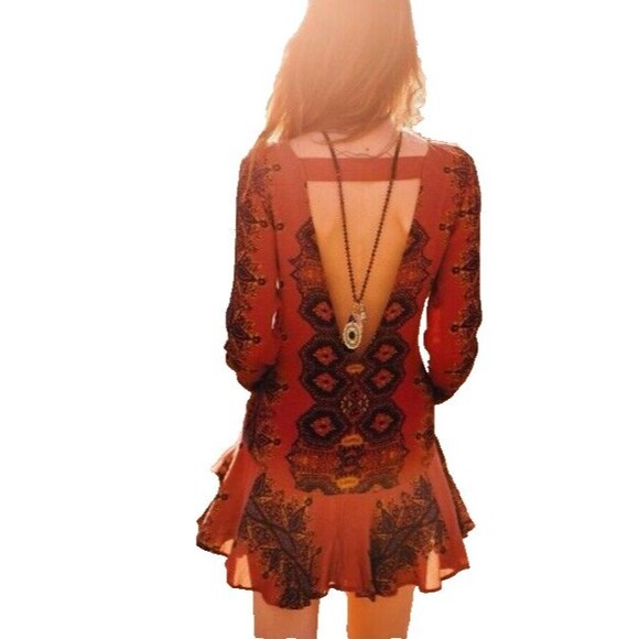 Free People Boho Dress Women's S Red Smooth Talker Paisley Open Back Tunic - Picture 2 of 7